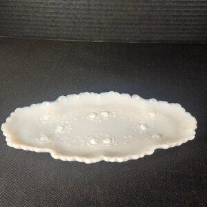 Early American Patterned Glass Milk Glass Raised Roses Dresser Tray Colonial